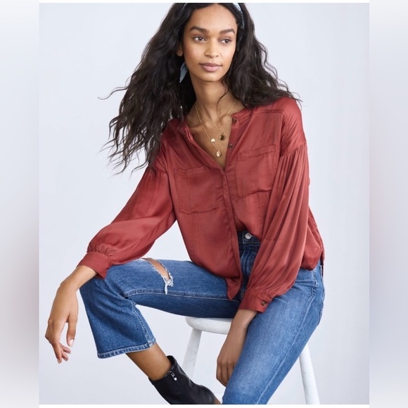 Anthropologie Tops - Anthropologie Pilcro Deep Red/Rust satin Blouse with Pockets